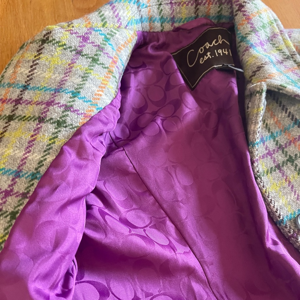 COACH Wool Purple and Gray Plaid Peacoat XS - Picture 5 of 7